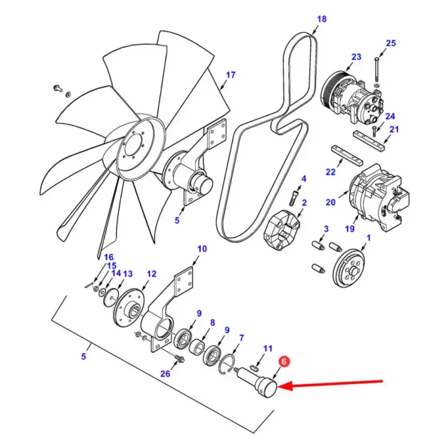 Oryginalny wałek napinacza alternatora o numerze katalogowym 71430575, stosowany w kombajnach zbożowych marek Challenger, Fendt oraz Massey Ferguson schemat.