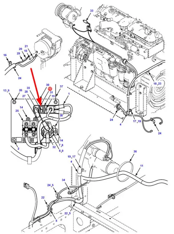 Oryginalny bezpiecznik silnika elektrycznego 20A o numerze katalogowym 71441232, stosowany w kombajnach zbożowych marek Challenger, Fendt oraz Massey Ferguson schemat.