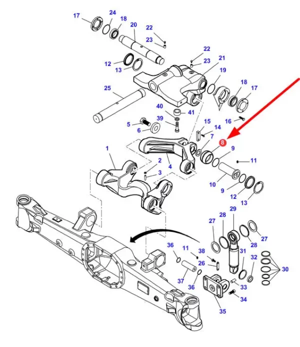 Oryginalne łożysko przegubowe układu zawieszenia przedniej osi o numerze katalogowym 7300104401, stosowane w ciągnikach rolniczych marek Massey Ferguson, Challenger, Valtra schemat.