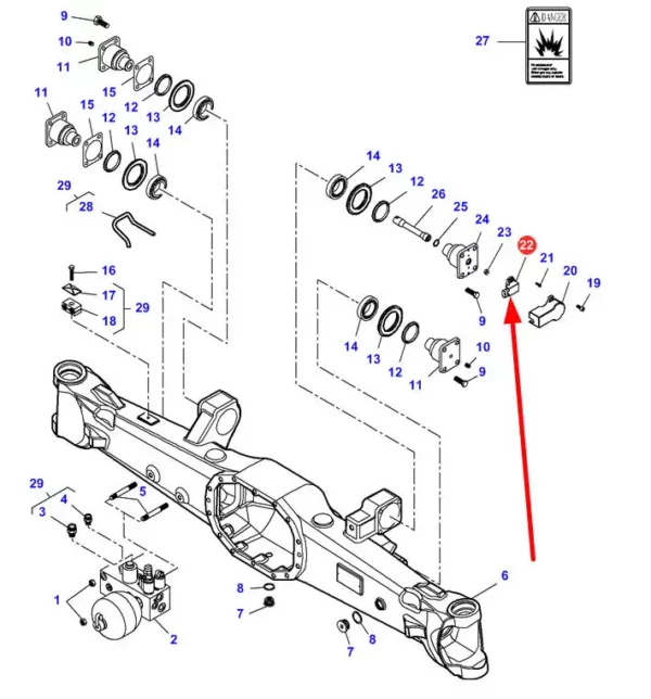 Oryginalny czujnik potencjometr przedniej osi o numerze katalogowym 7300160101, stosowany w ciągnikach marek Challenger, Valtra oraz Massey Ferguson schemat