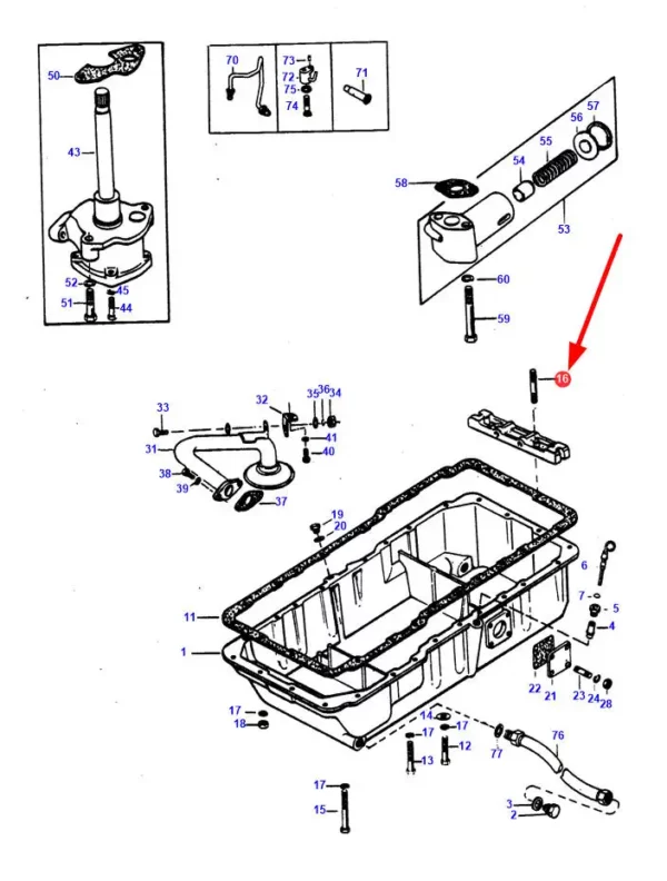 Oryginalna szpilka gwintowana o wymiarach  5/16" NF, x 1-1/8" i  numerze katalogowym 731651M1, stosowana w ciągnikach rolniczych marki Massey Ferguson schemat.