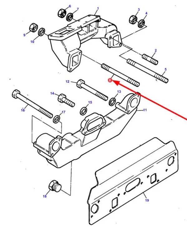 Oryginalna szpilka gwintowana układu wydechowego o numerze katalogowym 731659M1, stosowana w ciągnikach rolniczych marki Massey Ferguson schemat.