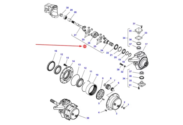 Oryginalny, kompletny przegub przedniej osi o numerze katalogowym 7350661503, stosowany w ciągnikach rolniczych marki Massey Ferguson.-schemat