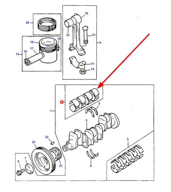 Komplet oryginalnych panewek korbowodowych, stosowany w silnikach ciągników rolniczych marki Massey Ferguson schemat.