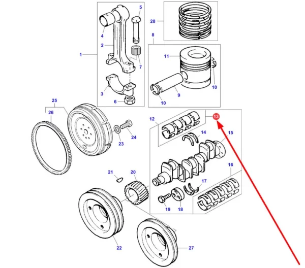 Oryginalny zestaw panewek korbowodowych o numerze katalogowym 736952M91, stosowanych w ciągnikach rolniczych marki Massey Ferguson, Challenger schemat.