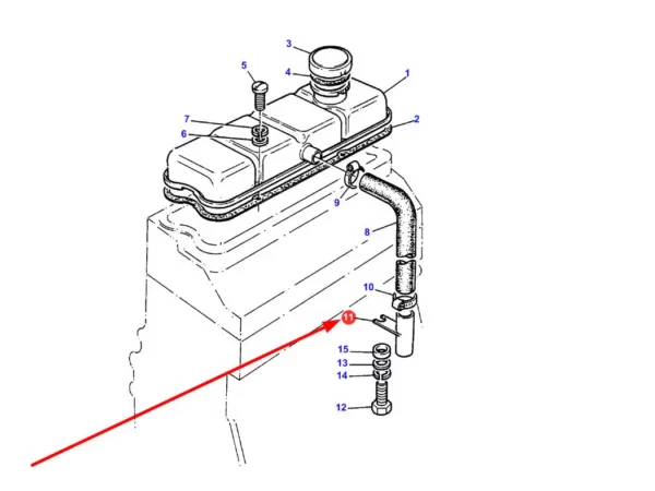 Oryginalne mocowanie przewodu odpowietrzenia o numerze katalogowym740498M91, stosowane w ciągnikach rolniczych marki Massey Ferguson schemat