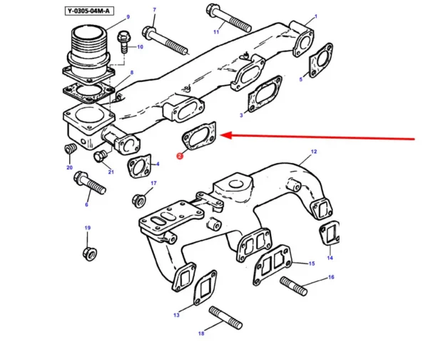 Oryginalna uszczelka kolektora wydechowego, stosowana w silnikach ciągników rolniczych marek Challenger, Massey Ferguson i White schemat