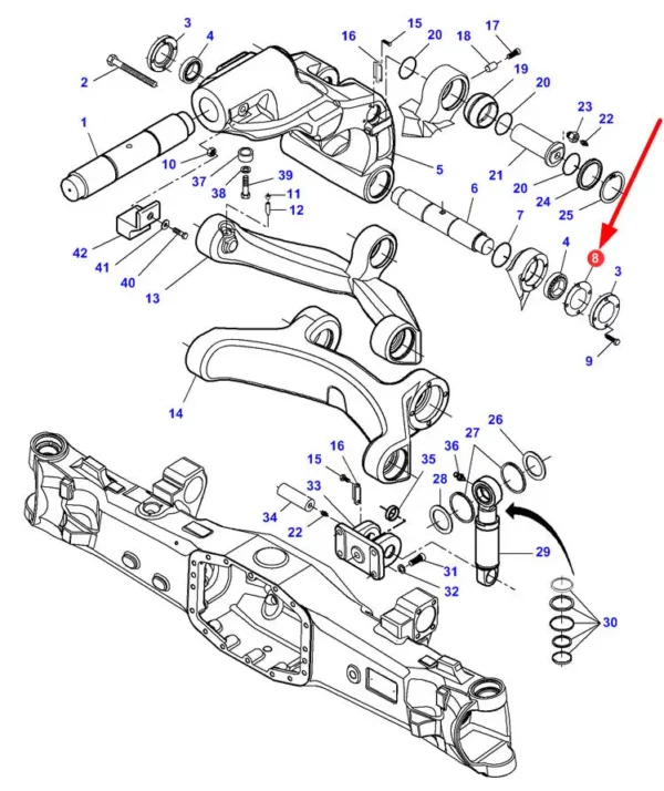 Oryginalna podkładka dystansowa układu zawieszenia przedniej osi o grubości 0,5 mm i numerze katalogowym 7450102701, stosowana w ciągnikach rolniczych marek Massey Ferguson, Challenger schemat.