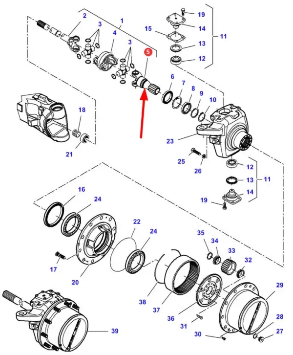 Oryginalny wałek przedniej osi o numerze katalogowym 7450645025, stosowany w ciągnikach rolniczych marki Massey Ferguson schemat.