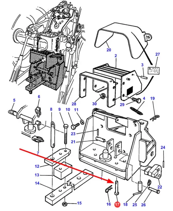 Oryginalny sworzeń, stosowany w  zaczepie ciągnika ciągników marki Massey Ferguson schemat.