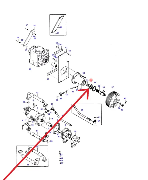 Oryginalne łożysko przystawki pompy hydrostatu o wymiarze 6308 2RS i numerze katalogowym 834988M1, stosowane w kombajnach zbożowych marki Massey Ferguson schemat.