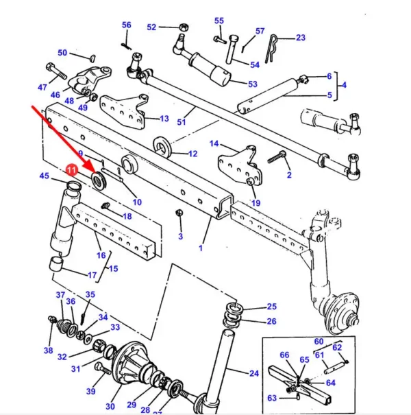 Orygialna podkładka podpory przedniej osi o wymiarach  049"/1,3mm i numerze katalogowym 882869M1, stosowana w ciągnikach rolniczych marki Massey Ferguson schemat.