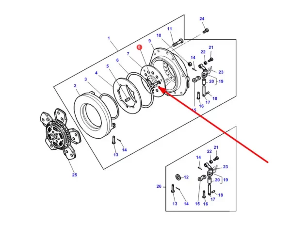 Oryginalna śruba mocowania sprzęgła, stosowana w ciągnikach rolniczych marki Massey Ferguson schemat
