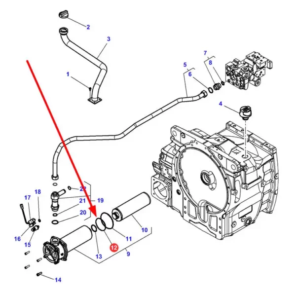 Oryginalny pierścień oring 129.54 x 5.33 , stosowany przy pomocniczym filtrze w układzie hydraulicznym ciągników marki Massey Ferguson i Valtra schemat.