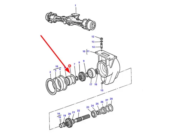 Oryginalna podkładka dystansowa reduktora przedniej osi, stosowana w ciągnikach rolniczych marki Massey Ferguson schemat