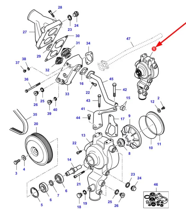 Oryginalna pompa wody o numerze katalogowym ACP043352A, stosowana w kombajnach zbożowych marki Massey Ferguson schemat.