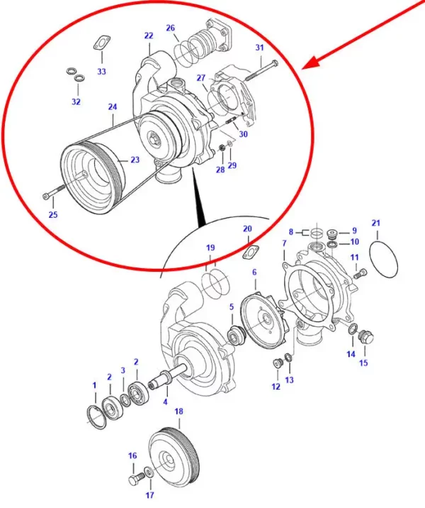 Oryginalny zestaw naprawczy pompy wody o numerze katalogowym ACP0520080, stosowany w kombajnach zbożowych marek Massey Ferguson, Fendt i Challenger. schemat