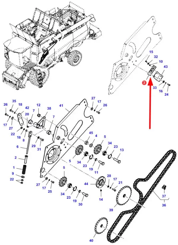 Oryginalna prowadnica łańcucha o numerze katalogowym ACW0447700, stosowana w kombajnach zbożowych i przyrządach żniwnych marki Fendt oraz Massey Ferguson schemat.