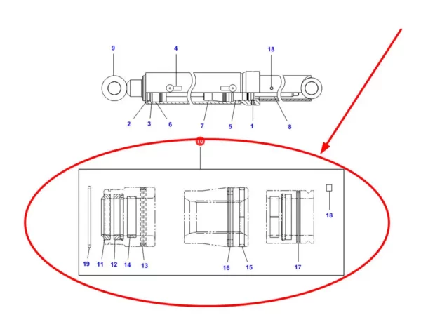 Oryginalny zestaw uszczelnień siłownika hydraulicznego, stosowany w ładowarkach teleskopowych marek Challenger, Fendt, Massey Ferguson i Valtra schemat