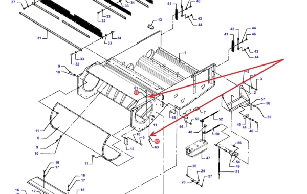 Oryginalna podkładka śruby obudowy wentylatora o wymiarach M10 x 28 x 6 i numerze katalogowym D20400473, stosowana w kombajnach zbożowych marek Massey Ferguson, Fendt i Challenger schemat.