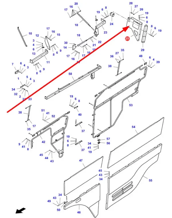 Oryginalne mocowanie osłon bocznych o numerze katalogowym D28182485, stosowane w kombajnach zbożowych marek Massey Ferguson, Challenger, Fendt.-schemat