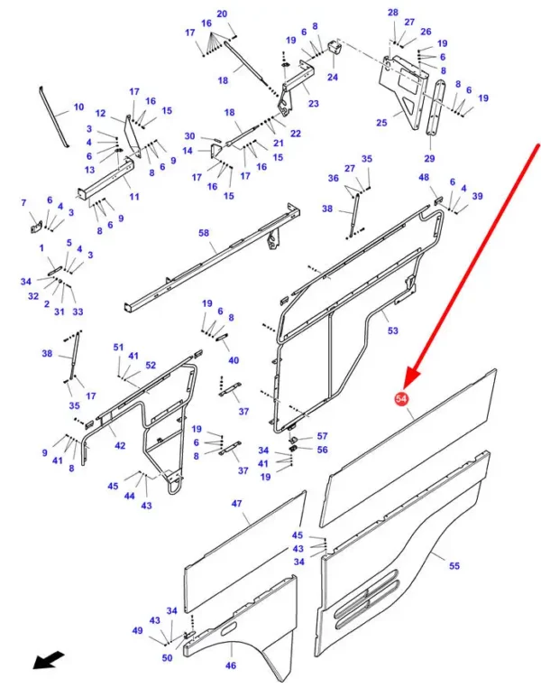 Oryginalny panel osłony bocznej o numerze katalogowym D28182546, stosowany w kombajnach zbożowych marek Massey Ferguson, Fendt, Challenger schemat.