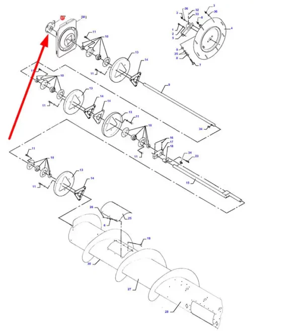 Oryginalne zabezpieczenie mocowania ślimaka hederu o numerze katalogowym D28285130, stosowany w hederach marek Challenger, Fendt, Laverda oraz Massey Ferguson schemat.