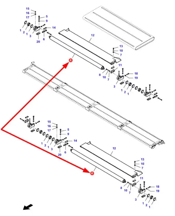 Oryginalny wałek taśm podających o długości L=1172 mm i numerze katalogowym D28285817, stosowana w hederach kombajnów zbożowych marek Massey Ferguson, Fendt, Laverda, Challenger schemat.