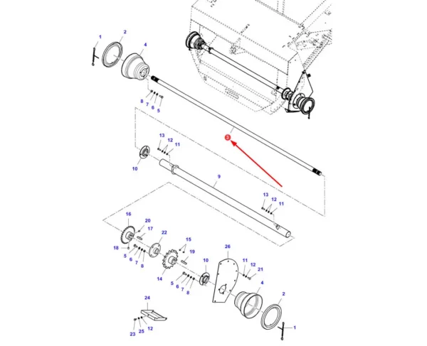 Oryginalny wałek podajnika o numerze katalogowym D28286845, stosowany w kombajnach zbożowych marek Massey Ferguson, Challenger oraz Fendt.-schemat