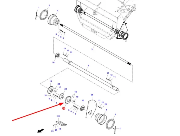 Oryginalne koło zębate podajnika pochyłego o 15 zębach, stosowane w kombajnach zbożowych marek Challenger, Fendt i Massey Ferguson schemat