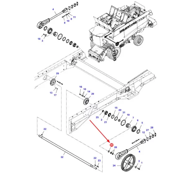 Oryginalny pierścień metalowy napędu sit o numerze katalogowym D28480467, stosowany w kombajnach zbozowych marek Massey Ferguson, Challenger oraz Fendt.-schemat