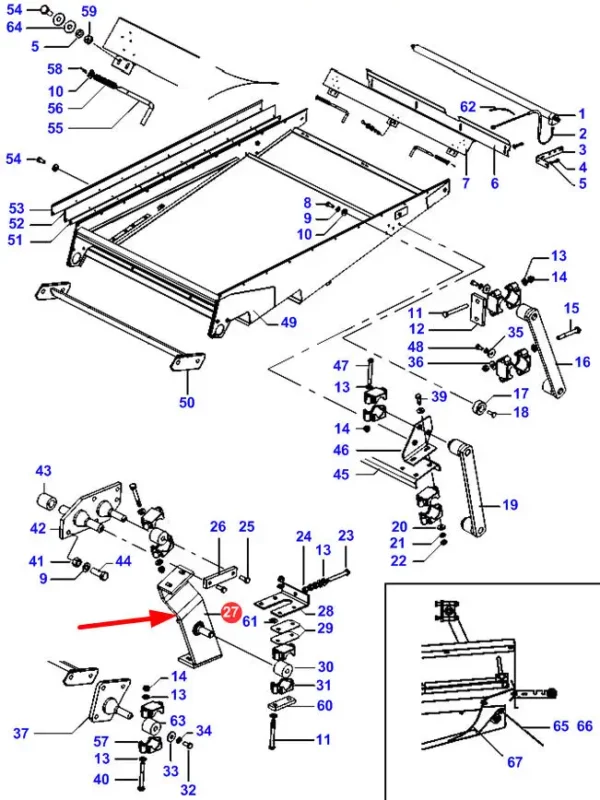 Oryginalne prawe ramię zbiornika ziarna o numerze katalogowym D28480857, stosowane w kombajnach zbożowych marki Massey Ferguson schemat.