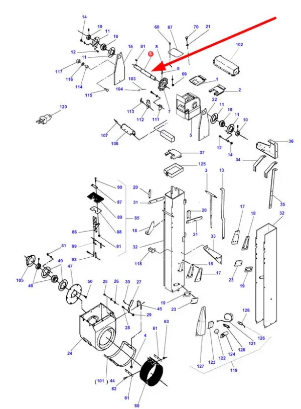 Oryginalany wałek podajnika ziarna o numerze katalogowym D28585022, stosowany w kombajnach marek Massey Ferguson, Challenger oraz Fendt schemat