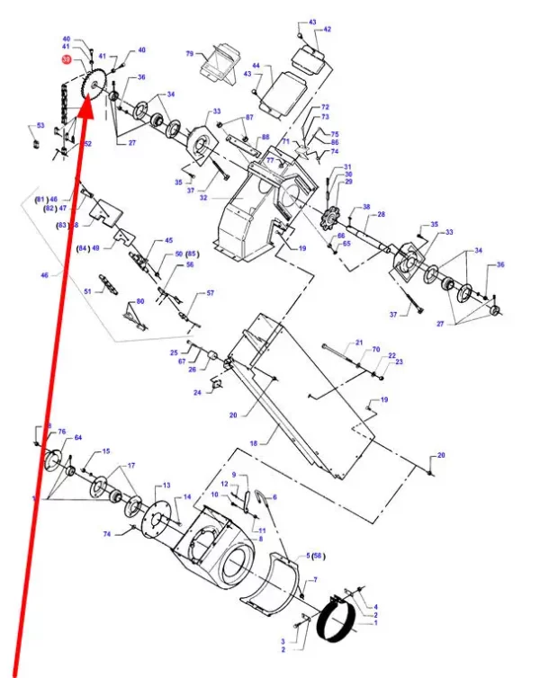 Oryginalne koło zębate napędu podajnika kłosowego o numerze katalogowym D28585064, stosowane w kombajnach zbożowych marek Massey Ferguson, Fendt, Challenger schemat.