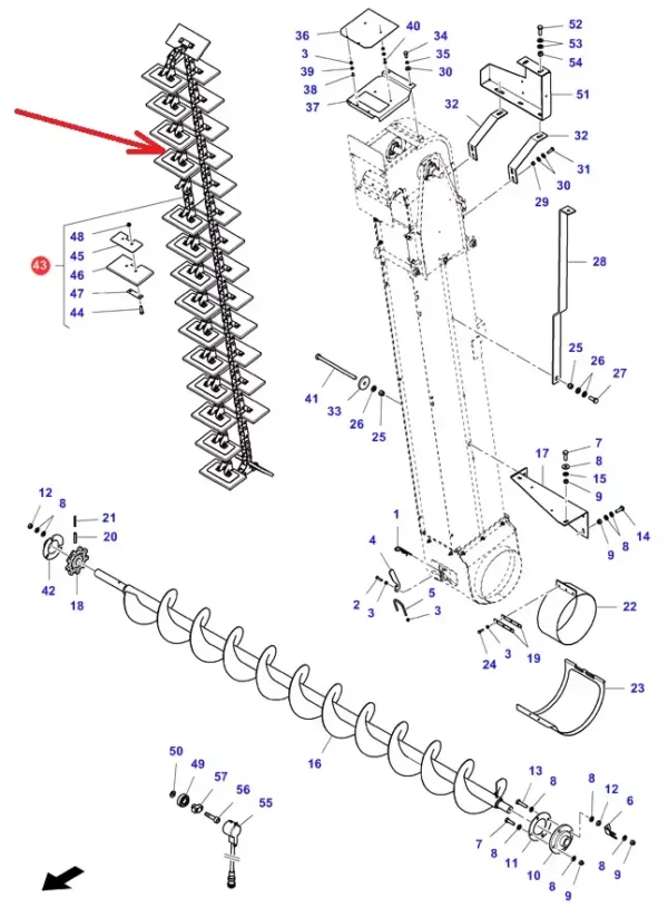 Oryginalny łańcuch elewatorowy łopatkowy 38,4-VB x 123 rolki, 30 łopatek o numerze katalogowym D28585175, stosowany w kombajnach zbożowych marek Massey Ferguson, Fendt i Challenger. schemat