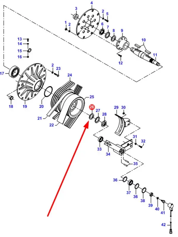 Oryginalna podkładka dystansowa o wymiarach R 46-75 x 2 mm i numerze katalogowym, stosowana na kole mechanizmu system omłotu w kombajnach zbożowych marki Massey Ferguson i Fendt