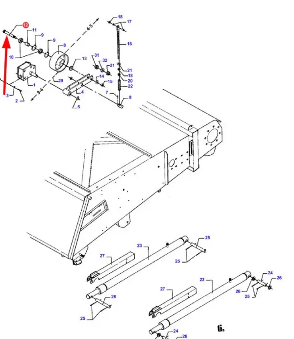 Oryginalny sworzeń cylindra hydraulicznego o numerze katalogowym D28780008, stosowany w kombajnach zbożowych marek Challenger, Fendt oraz Massey Ferguson schemat.