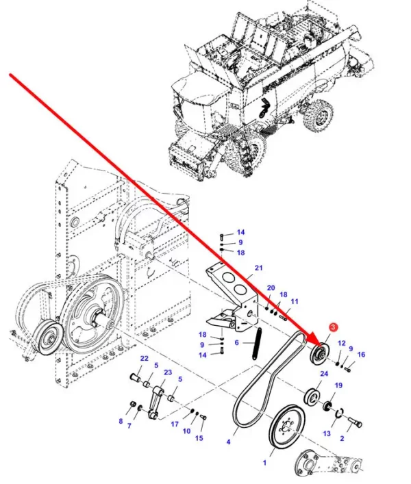 Oryginalne koło pasowe pompy oleju o numerze katalogowym D28782735, stosowane w kombajnach zbożowych marki Massey Ferguson oraz Fendt schemat.