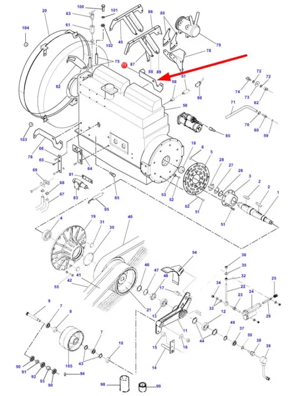 Oryginalne mocowanie osprzętu silnika, stosowane w jednostkach napędowych kombajnów zbożowych marek Challenger, Fendt i Massey Ferguson schemat
