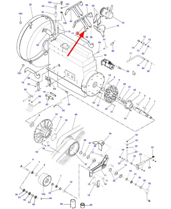 Oryginalne, górne mocowanie osprzętu silnika, stosowane w kombajnach zbożówych marek Challenger, Fendt i Massey Ferguson schemat