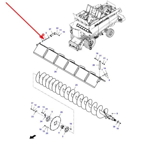 Oryginalny kołek osłony wysypu o numerze katalogowym D28851230, stosowany w kombajnach zbożowych marek Fendt oraz Massey Ferguson schemat