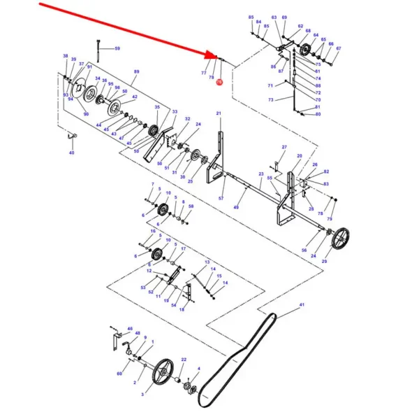 Oryginalny sworzeń zabezpieczający mechanizmu wysypu ziarna o numerze katalogowym D28880360, stosowany w kombajnach zbożowych marki Massey Ferguson, Fendt, Challenger schemat.