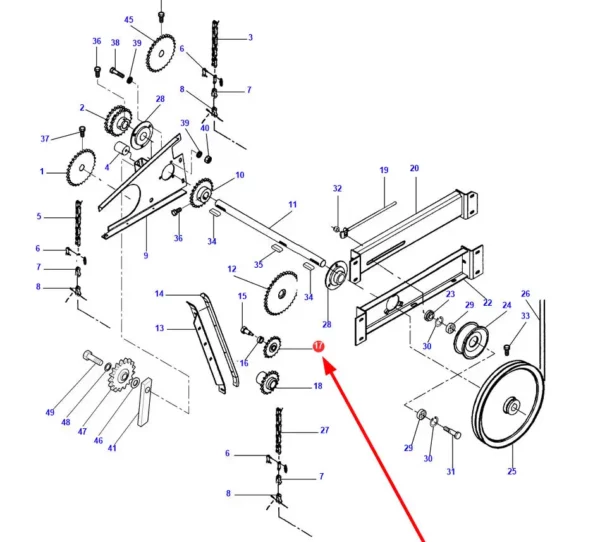 Oryginalne kolo  zębate o 17 zębach i numerze katalogowym D41717900, stosowane w kombajnach zbożowych marek Massey Ferguson, Fendt i Challenger. schemat