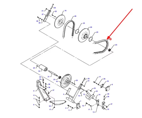 Oryginalny pas klinowy napędu wariatora o wymiarach 32 x 15 x 2330 la, stosowany w kombajnach zbożowych marek Challenger, Fendt i Massey Ferguson schemat