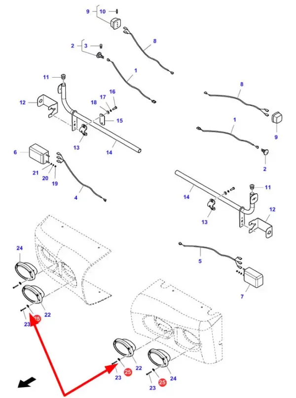 Oryginalny klips M4 mający zastosowanie w przedniej lampie kombajnów zbożowych marki Massey Ferguson i Fendt. schemat.