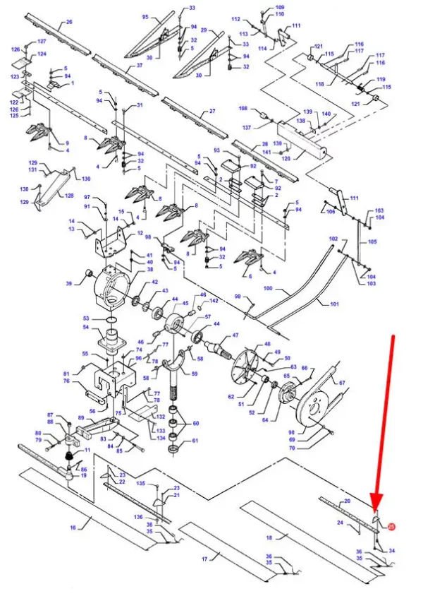 Oryginalny, lewy nóż końcowy kosy, stosowany w hederach kombajnów zbożowych marek Challenger, Fendt i Massey Ferguson schemat.