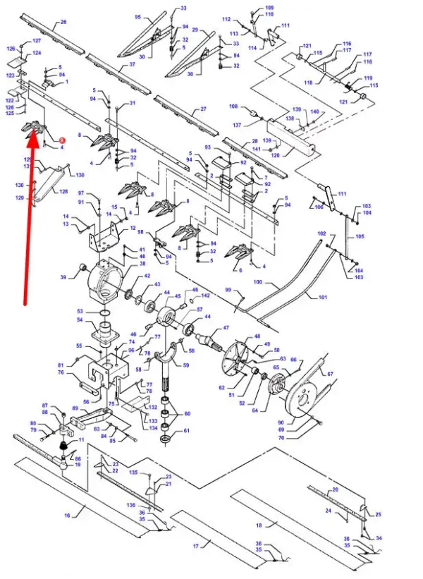 Oryginalny bagnet kosy prawy o numerze katalogowym D44104600, stosowany w kombajnach zbożowych marki Massey Ferguson oraz Fendt schemat.