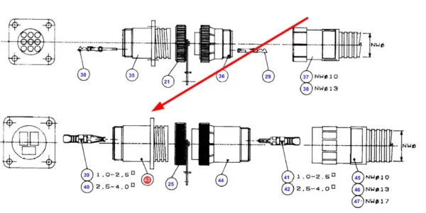 Oryginalna wtyczka elektryczna o numerze katalogowym D45010011, stosowana w kombajnach zbożowych marki Fendt i Massey Ferguson schemat