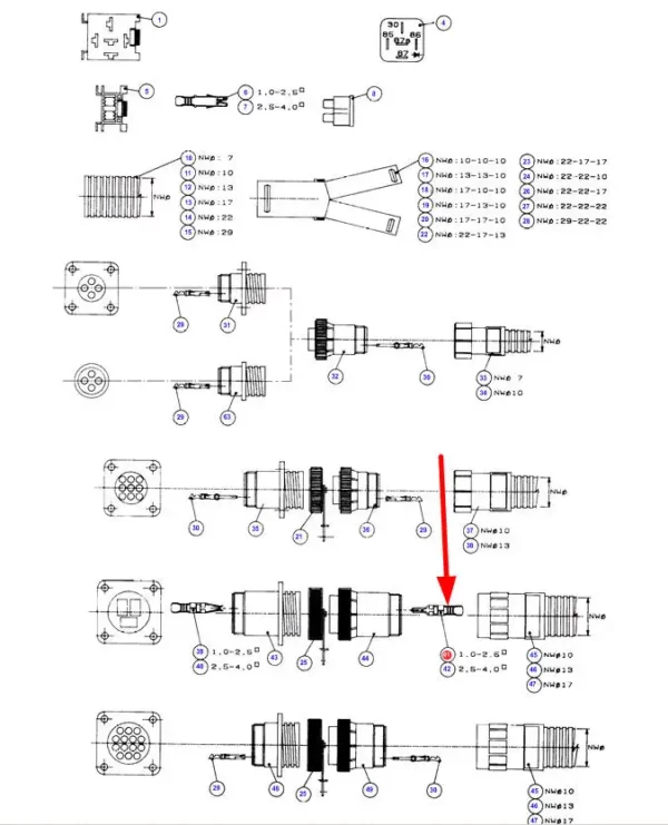Oryginalny konektor elektryczny układu elektrycznego o wymiarach 1.0 - 2,8 i numerze katalogowym D45010023, stosowany w kombajnach zbożówych marek Challenger, Fendt oraz Massey Ferguson schemat.
