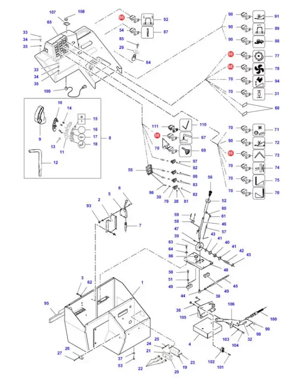 Oryginalny przełącznik elektryczny o numerze katalogowym D45050004, stosowany w panelach sterowania kombajnów marek Fendt, Massey Ferguson, Challenger, Laverda schemat